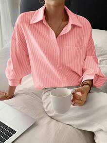 Look Polly 女士条纹长袖衬衫，单排扣休闲时尚款，秋季新款，带口袋设计，返校季复古风条纹衬衫，圣诞节冬季服装 - 櫻花粉 - 查看 2