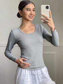 Livesso Camiseta de punto acanalado, Ropa de otoño Blusas de manga larga para mujer - Gris - Ver 3