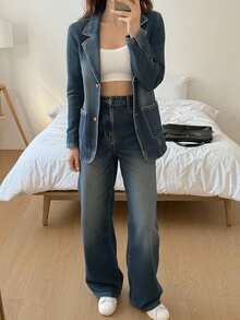 DAZY Women's Autumn Lapel Jacket And Loose Fit Jeans Set - Blue - View 7