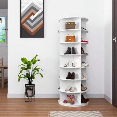 Torre giratoria de 7 niveles para zapatos de gran resistencia, estantes giratorios de 360°, organizador de almacenamiento, material de plástico blanco resistente a los arañazos, diseño redondo ahorra espacio, puede almacenar hasta 28 pares de zapatos, almacenamiento multiusos para el hogar/entrada/oficina, fácil montaje con estructura autoportante, resistente y duradera, estética minimalista que se adapta a varios estilos de decoración