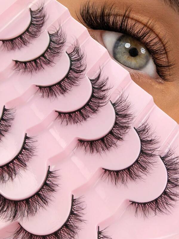 7 Pairs Full Strip Natural Soft Fluffy Eyelash Cross Wispy Dramatic Natural Look Faux Mink Lashes Curl False Reusable Lash Black Thin Band Eye Lashes