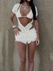 Bộ đồ hai mảnh màu trắng ngà Y2K móc len cắt laser - Bộ đồ phối hợp phong cách Boho Chic dành cho nữ, kiểu dáng cá tính cho mùa Thu Đông 2025, trang phục lễ hội jacquard không thể thiếu, mùa Xuân/Hè, phong cách Bohemian, lễ hội âm nhạc, mùa tựu trường, mùa cưới. - Trắng Lớn - Xem 8