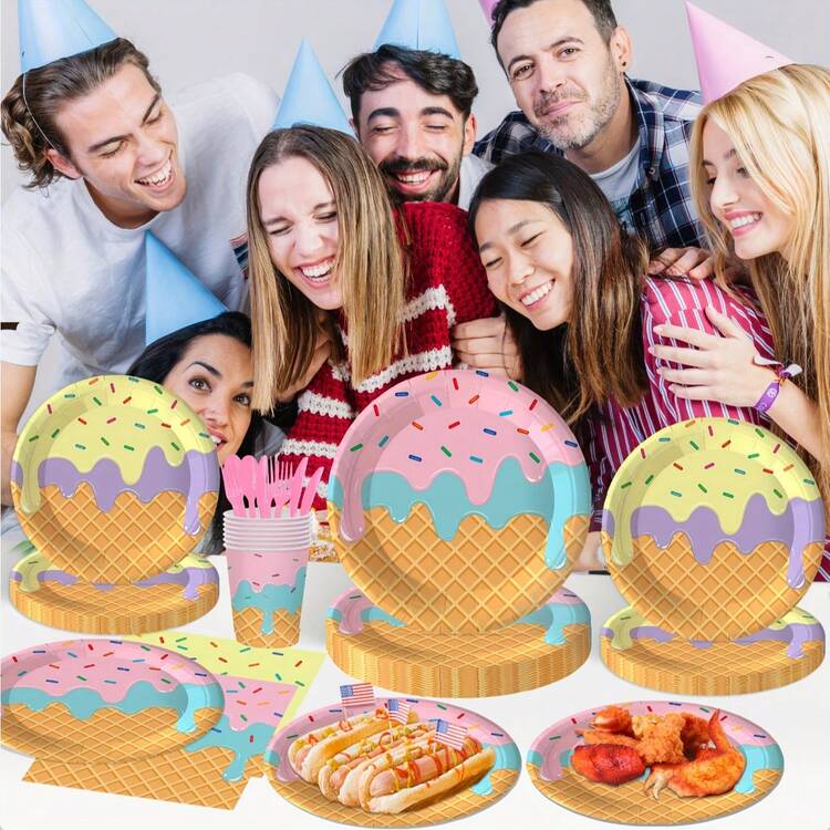 80/81/82件套冰淇淋主题一次性餐具套装，包含20个餐盘、20个甜点盘、20个杯子、20张餐巾纸、1张桌布和1条横幅。这套便捷的餐具套装适合20人使用，是露营、野餐、花园烧烤、婚礼和生日派对的理想之选。 - 彩色 - 查看 6