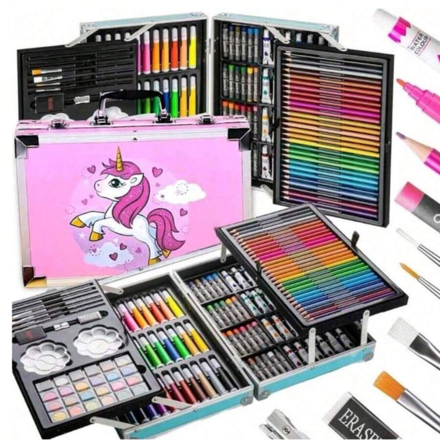 ART SET FOR PAINTING DRAWING PAINT FOR CHILDREN SUITCASE 145 Pcs. - Pink - View 1