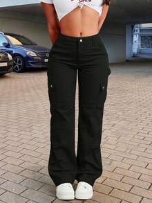 Solid Flap Pocket Cargo Pants - Black - View 2