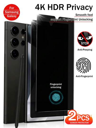XINHONGYU 适用于三星Galaxy S系列的2片装隐私屏幕保护膜，支持0.2秒指纹解锁，兼容三星Galaxy S25 Ultra/S25+/S25/S24 Ultra/24 Plus/24/23/22/21，25°防窥钢化玻璃，全屏覆盖，防指纹，防摔，防刮花，无气泡，是生日、送给家人、朋友的绝佳礼物，手机屏幕保护膜，手机配件