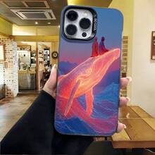 Cubierta de telefono con borde negro y diseño de ballena arco iris en tonos azules y rosados para iPhone 14 Pro Max estilo moderno ideal para uso diario en cafeterias y salas de estar - Negro - Ver 4