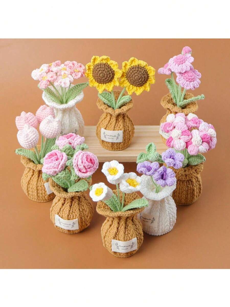 DIY钩编情人节礼物，DIY仿真花束，手工编织郁金香花束，玫瑰，仿真花，桌面装饰，墙面装饰，人造花，适合作为生日礼物、周年纪念礼物、母亲节礼物、圣诞礼物、活动和家居装饰，情人节礼物 - 彩色 - 查看 1