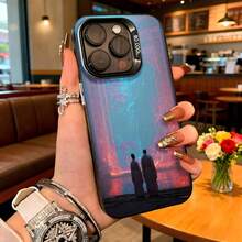 Cubierta de telefono con diseño de pareja al atardecer azul y rojo para iPhone 14 Pro Max funda protectora con estampado artístico para uso diario en cafeterías - Negro - Ver 2