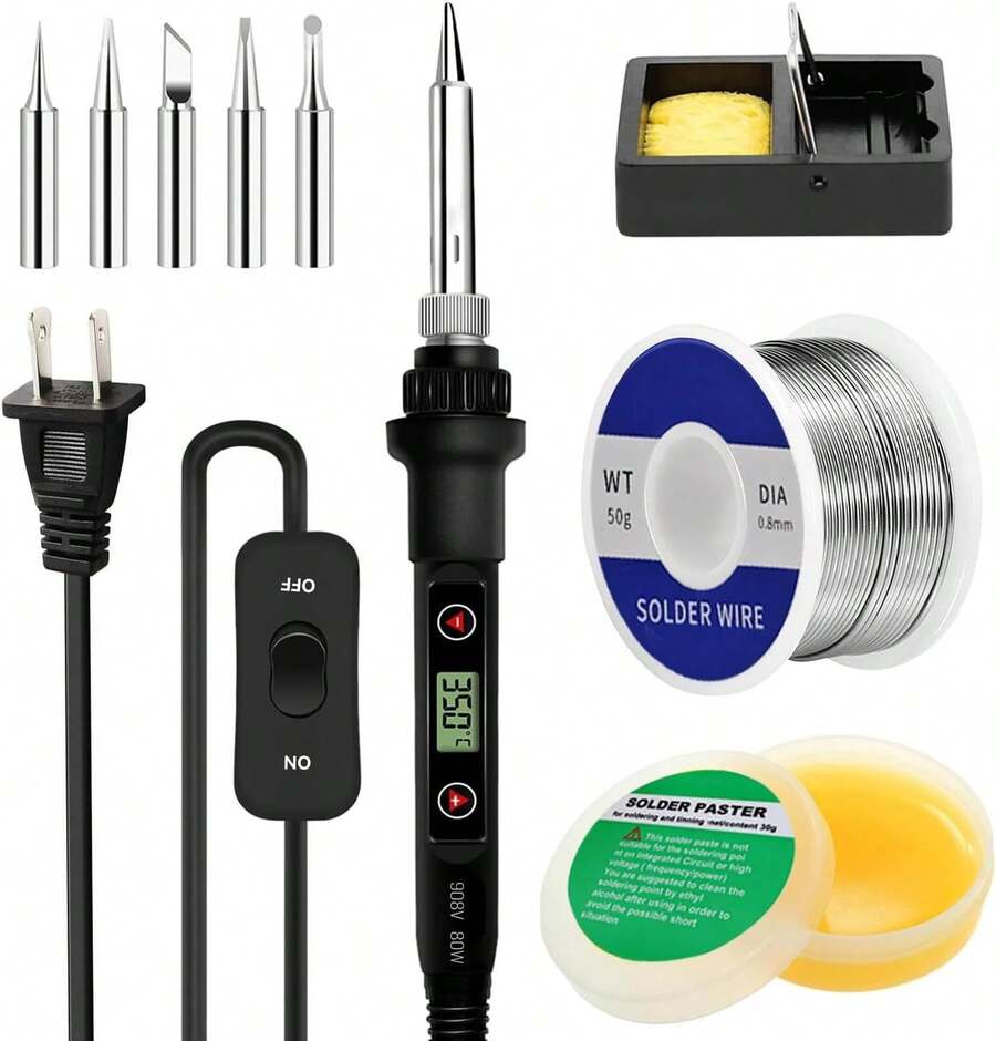 Kit De Soldadura Electronica,80w Lcd Temperatura Regulable 180-520 ° c,Con Interruptor, Cable De Soldadura, Fundente, 5 Puntas. (Kit de Soldador 9 en 1) - Kit de Soldador 9 en 1 - Ver 1