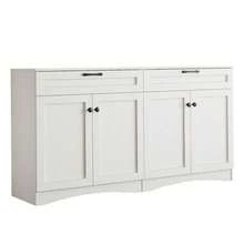 Meuble de Rangement 160x40x85 cm - Buffet de Salon avec 2 Tiroirs - Table d'Appoint au Design Courbé et Poignée Noire - 2 Grands Compartiments Fermés - 7 Espaces de Rangement au Total - Blanc - Voir 8
