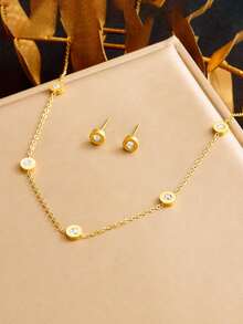 Set Perhiasan Kalung, Anting, dan Gelang Liontin Cakram Angka Romawi Berhiaskan Berlian Imitasi, Cocok untuk Pemakaian Sehari-hari - Yellow Gold - View 8