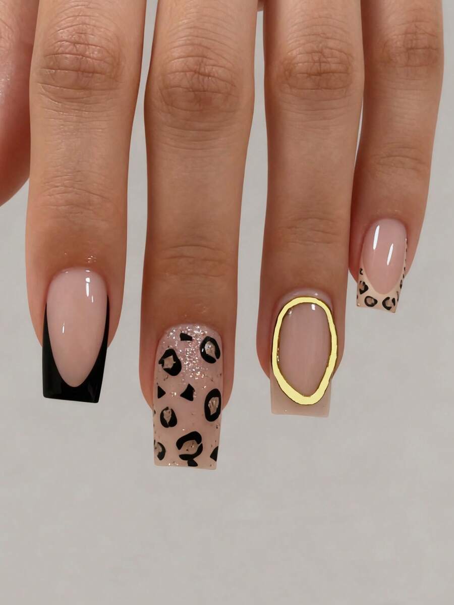 用24片中号方形美甲片表达你的爱意！优雅精致的金色法式香槟金条纹粉色美甲，时尚黑色法式豹纹闪粉美甲，全覆盖式假指甲，适合女性和女孩。包含1张粘合贴片和1支迷你指甲锉，果冻凝胶，随机发货。 - 彩色 - 查看 1