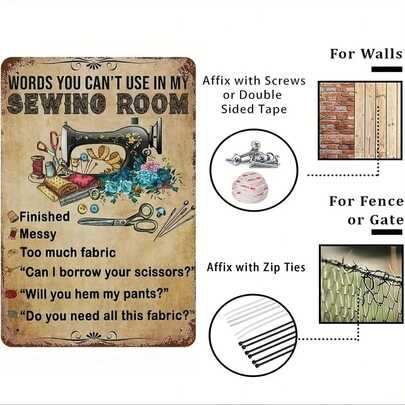 1件 8x12 英寸“我的缝纫室里不能用的词语”复古金属锡牌，适用于家庭咖啡吧。