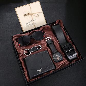 男士奢华假日套装：机械表盘腕表 + 优雅黑色真皮钱包 + 太阳镜 + 时尚皮带 + 钥匙扣 + 贺卡，完美的圣诞/新年礼物，展现男士魅力，一套完整的必备单品。