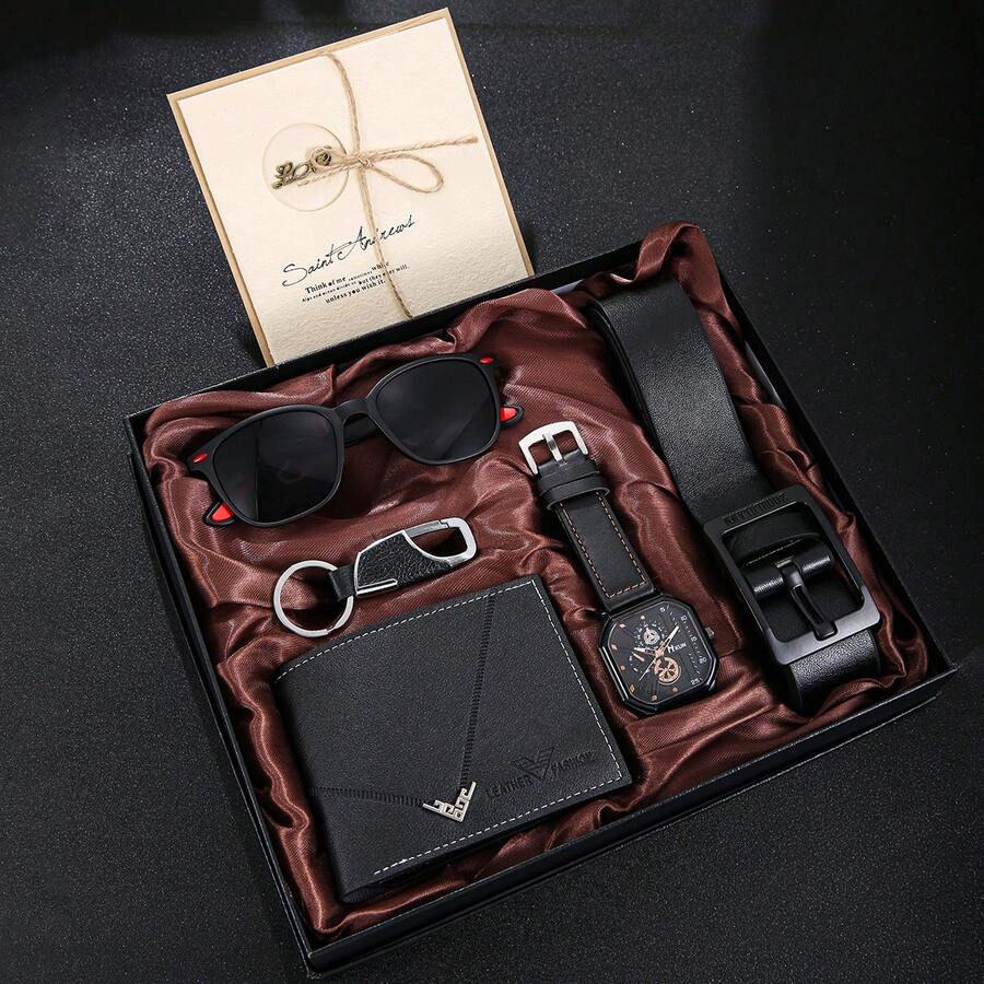 男士奢华假日套装：机械表盘腕表 + 优雅黑色真皮钱包 + 太阳镜 + 时尚皮带 + 钥匙扣 + 贺卡，完美的圣诞/新年礼物，展现男士魅力，一套完整的必备单品。 - 黑色 - 查看 1