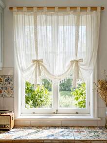 1Pc,Japanese-Style Vintage Striped Sheer Adjustable Lift Curtains With Crochet Lace Trim,Beige Linen-Look Semi-Transparent Tassel Pendants Short Curtains For Kitchen Home Room Dining Room - Beige - View 2