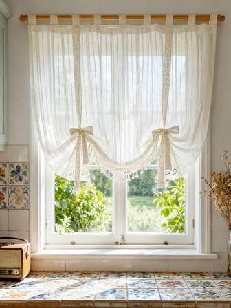 1 pieza, Cortinas transparentes ajustables con estilo vintage a rayas y adorno de encaje a ganchillo, con borlas de aspecto de lino beige, cortinas cortas semi-transparentes para cocina, hogar, sala, comedor, estilo japonés