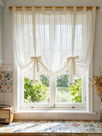 1 chiếc, rèm cửa mỏng trong suốt có thể điều chỉnh họa tiết sọc cổ điển kiểu Nhật Bản với viền ren móc, rèm cửa ngắn tua rua bán trong suốt kiểu vải lanh màu be cho nhà bếp, phòng ăn