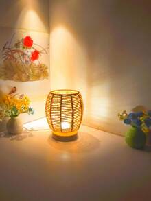 1pc Vintage Handwoven Rattan & Solid Wood Base LED Desk Lamp (USB Powered) - Handcrafted Woven Lampshade, Button Switch Nightlight, Ideal For Bedside Or Office Desk Ambiance Lighting, Best Gift For Halloween/Christmas - Multicolor - View 4