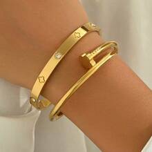 2pcs/Set High Quality Stainless Steel Flower Gold Bangle Set, Four-Leaf Clover Nail Bangle, Four-Leaf Clover Rhinestone Bangle - Gold - View 2