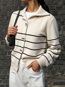 DAZY Contrast Color Striped High Neck Long Sleeve Loose Cardigan With Horn Buttons For Women,Fall Women Clothes - Apricot - View 4