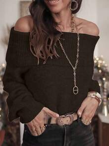 1 Áo len trơn hở vai, áo chui đầu dài tay thanh lịch, quyến rũ dành cho nữ - màu nâu - Xem 10