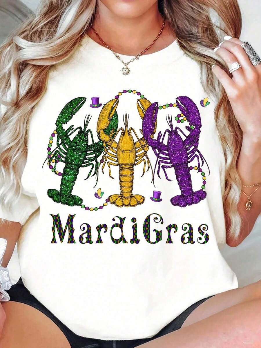 Mardi Gras Lobster T Shirt Festive Crawfish Design With Beads And Hat For Women Celebration Party Wear - trắng - Xem 1