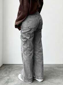 NVFelix 2026新款女士高腰宽松阔腿牛仔裤，街头休闲春季款 - 灰色 - 查看 3