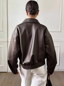 Livesso Spring New Vintage Leather Jacket, Short Style, Regular Fit, Women's Jacket For Valentine's Day Fall,Winter - Brown - View 6
