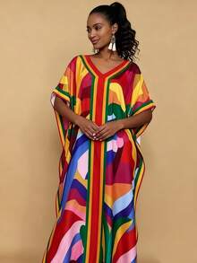 女式加大码 V 领短袖花卉印花休闲连衣裙，朴素的长袍