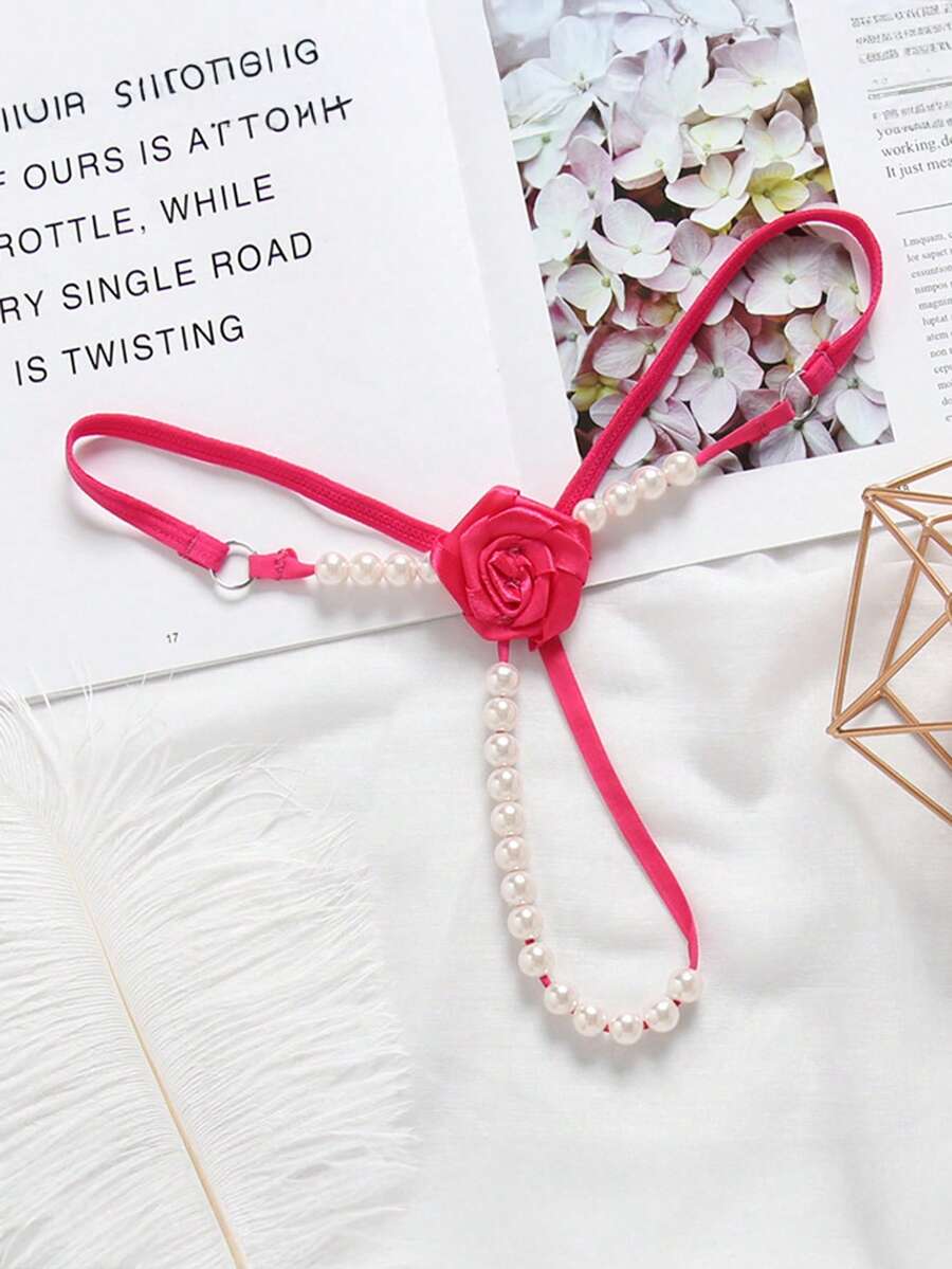 Quần lót nữ gợi cảm đính hạt ngọc trai giả, vòng trong suốt, họa tiết hoa, trang trí hoa, vật dụng thiết yếu cho bữa tiệc riêng tư, Giáng sinh, Năm mới 2026 - Màu Hồng Tươi - Xem 1