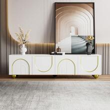 TV Unit, Lowboard With Structured Doors, TV Unit With Drawers, Open Compartments, Gold Handles And Gold Legs - 1 - View 12