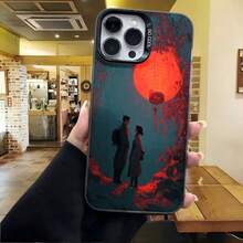 Cubierta de telefono para iPhone con diseño de pareja bajo luna roja color azul oscuro y rojo estampado artístico para uso diario en cafeterias y salas de estar - Blanco - Ver 4