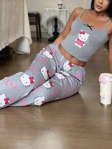 Sanrio 2pcs Hello Kitty Print Women's Camisole Crop Top + Elastic Waist Straight Pants Cute Pajama Set