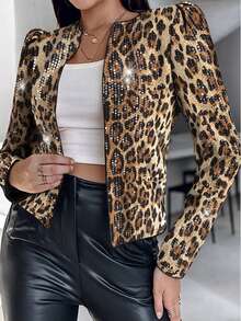 Leopard Print Sequin Fabric Front Open Long Sleeve Jacket Vacation - Coffee Brown - View 6