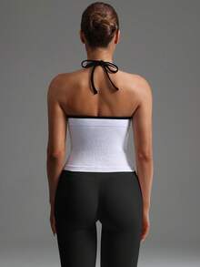 Yefecy 内置胸罩无袖运动上衣 - 女士 2026 新款褶皱后背瑜伽健身短款上衣 - 黑與白 - 查看 5