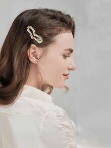 1pc Minimalist Versatile Elegant Pearl & Rhinestone Heart Shaped Hair Clip, Suitable For Bangs & Daily Use - Gold - View 2