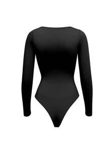 1pc Women Shapewear Long Sleeve Bodysuit With Waist Trainer And Breast Lift - Black - View 4