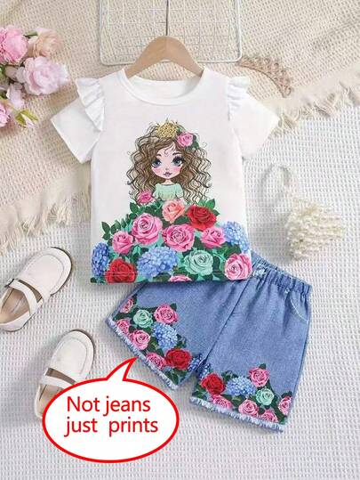 Girls' Fashion Print Set, Including Round Neck Short Sleeve T-Shirt And Faux Denim Shorts (With Fake Pockets), Suitable For Outdoor Wear