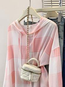 Camisa con capucha de manga larga a cuadros casual para mujer, con botones delanteros, adecuada para otoño, invierno, primavera, escuela, fiesta, rosa - Rosa - Ver 4