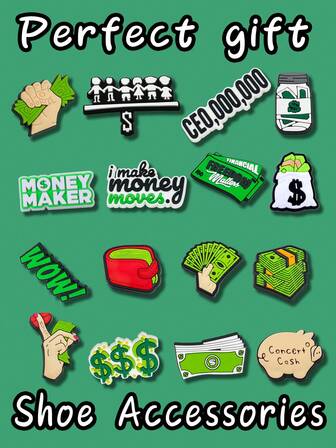 16 piezas Serie Dólar DIY Encantos para llavero de zapato, sandalias, bolsas de playa, Encantos de zapato de PVC para zuecos de alta calidad, decoraciones populares, accesorios, excelentes regalos para Navidad, cumpleaños, fiesta de verano, escuela