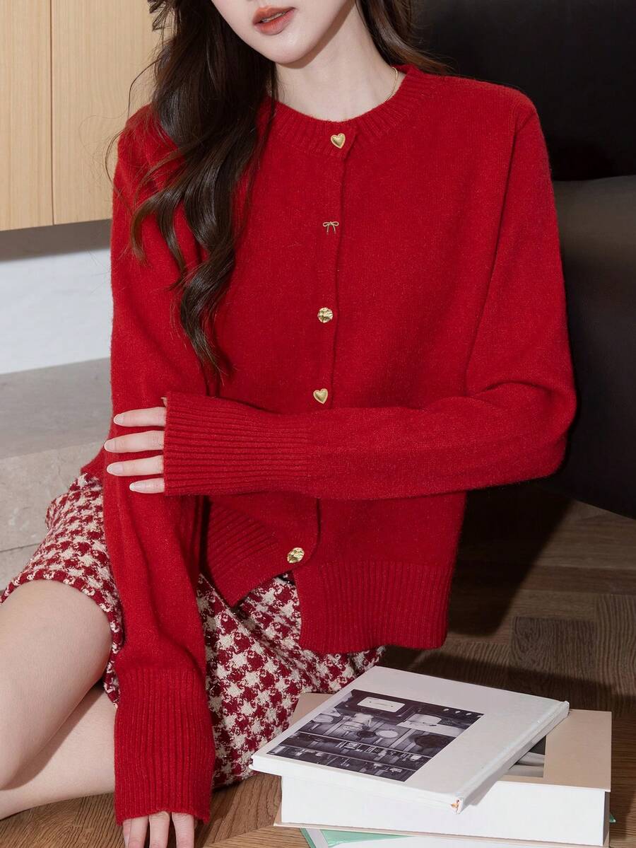 女式简约纽扣装饰圆领毛衣开衫,秋冬 - 暗紅 - 查看 1