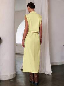 Sollinarry Women's Autumn New Sleeveless Top And Long Midi Skirt Casual 2 Pieces Set, Suitable For Vacation, Music Festival, Fashionable Commute Summer - Light Yellow - View 4