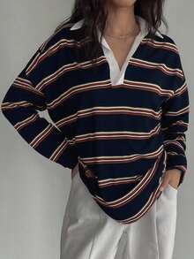 DAZY Áo thun tay dài kẻ sọc khối màu dáng rộng dành cho nữ, áo chui đầu thường ngày cho mùa xuân/hè, quần áo mùa thu - Màu xanh hải quân - Xem 5