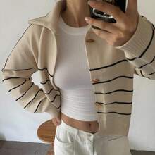 DAZY Contrast Color Striped High Neck Long Sleeve Loose Cardigan With Horn Buttons For Women,Fall Women Clothes - Apricot - View 9