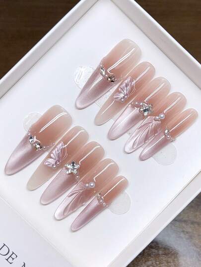 纯手工制作长椭圆形美甲贴片；手绘渐变猫眼个性化秋冬美甲；简约全覆盖假指甲，Y2K风格美甲，按压式美甲，手工按压式美甲