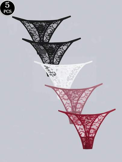 5pcs/Pack Women's Sexy Lace Thong Panties, Low Waist T-Back Comfortable Underwear