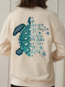 1 hanorac casual cu imprimeu pentru fete, cu guler rotund, îmbrăcăminte pentru studenți, mânecă lungă, toamnă/iarnă - Caisă - Vizualizare 2