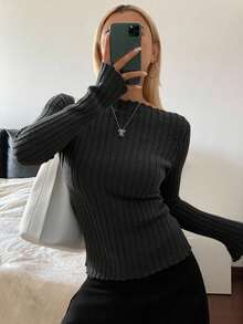 Livesso 1件女士修身立领长袖抓绒T恤，秋季服装，返校服装 - 深灰色 - 查看 1